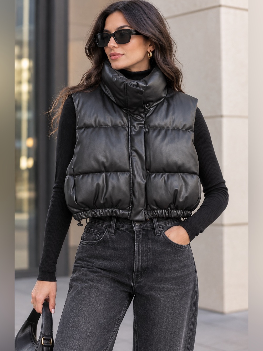 ZARA Black Faux Leather Cropped Puffer Vest High Neck Quilted Jacket